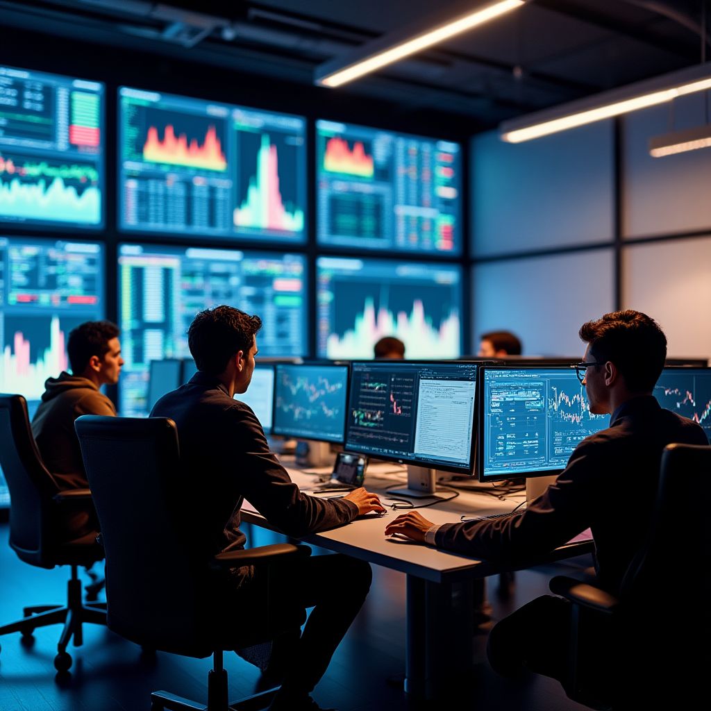 Sala de trading principal con múltiples estaciones de trabajo