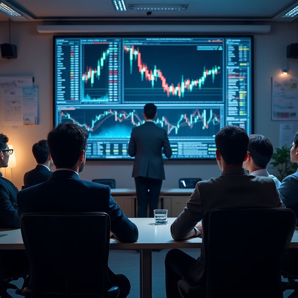 Equipo de profesores de trading en una sala de formación con estudiantes