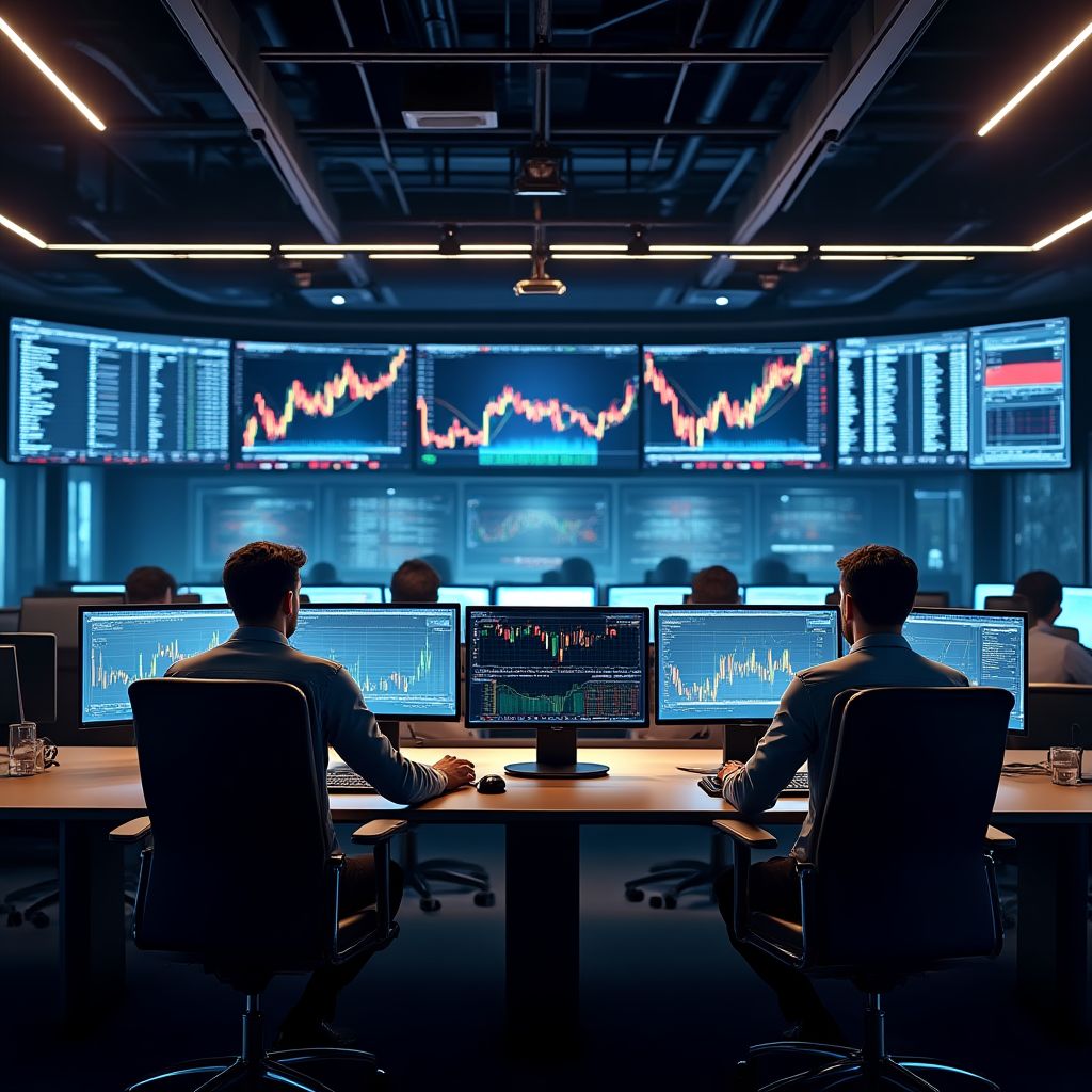 Sala de trading con múltiples estaciones de trabajo