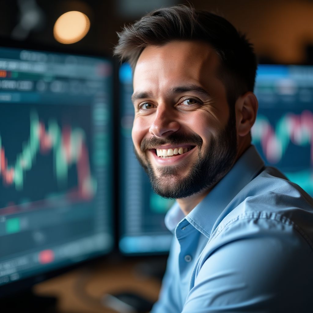 Carlos Rodríguez, trader profesional con traje frente a pantallas de trading